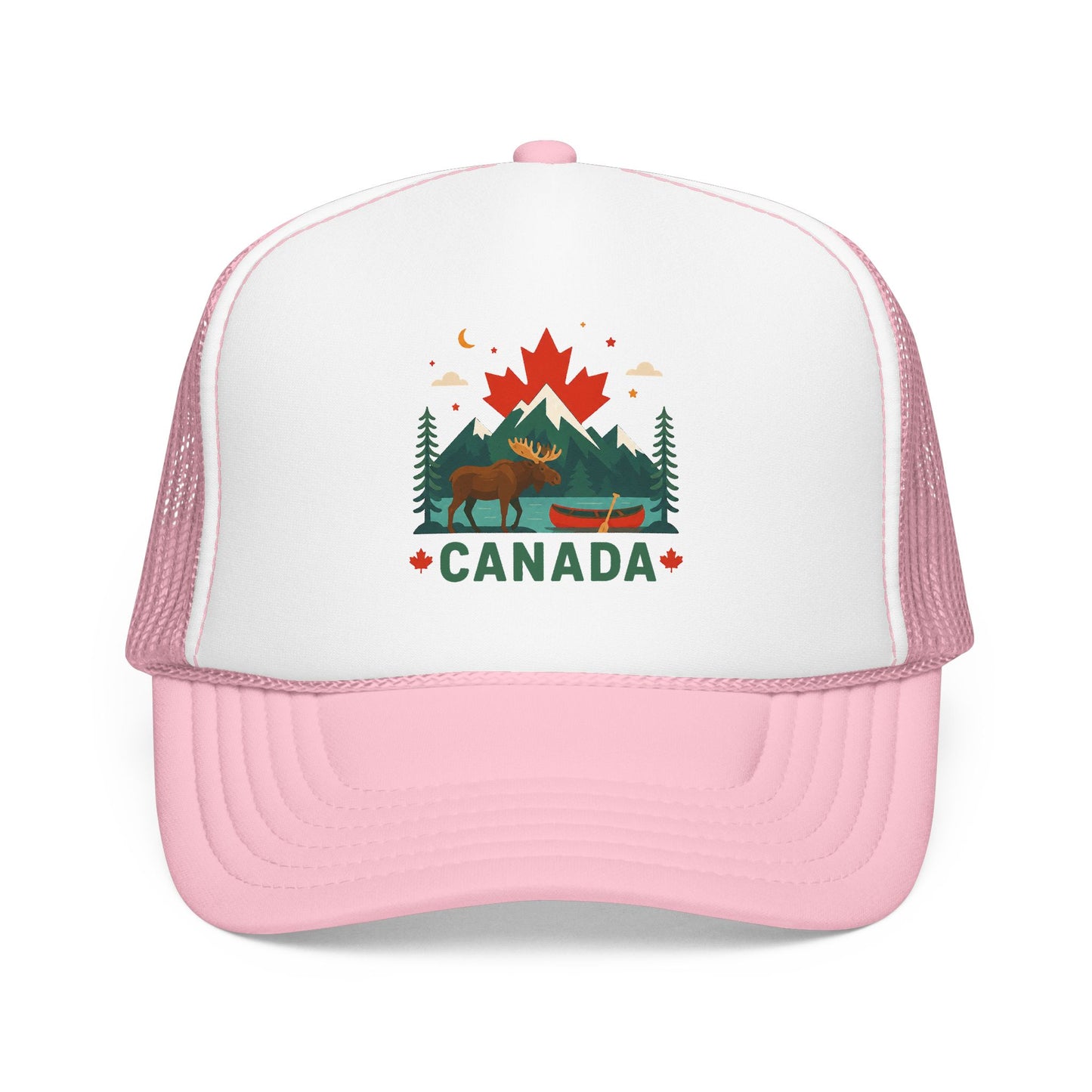 Light pink and white trucker hat with mesh back and embroidered Canada logo