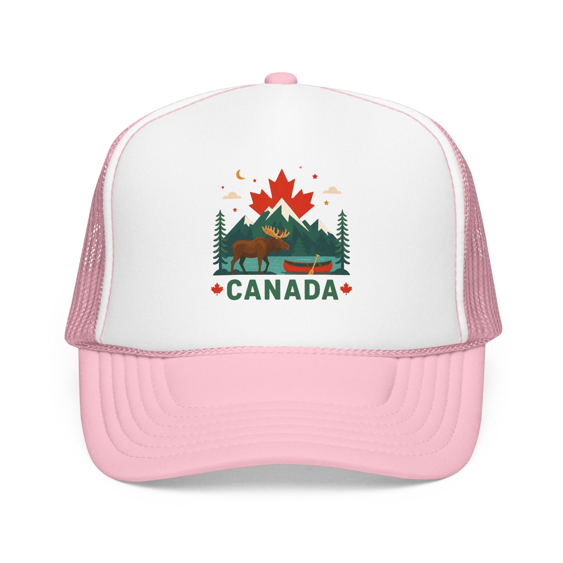 Light pink and white trucker hat with mesh back and embroidered Canada logo