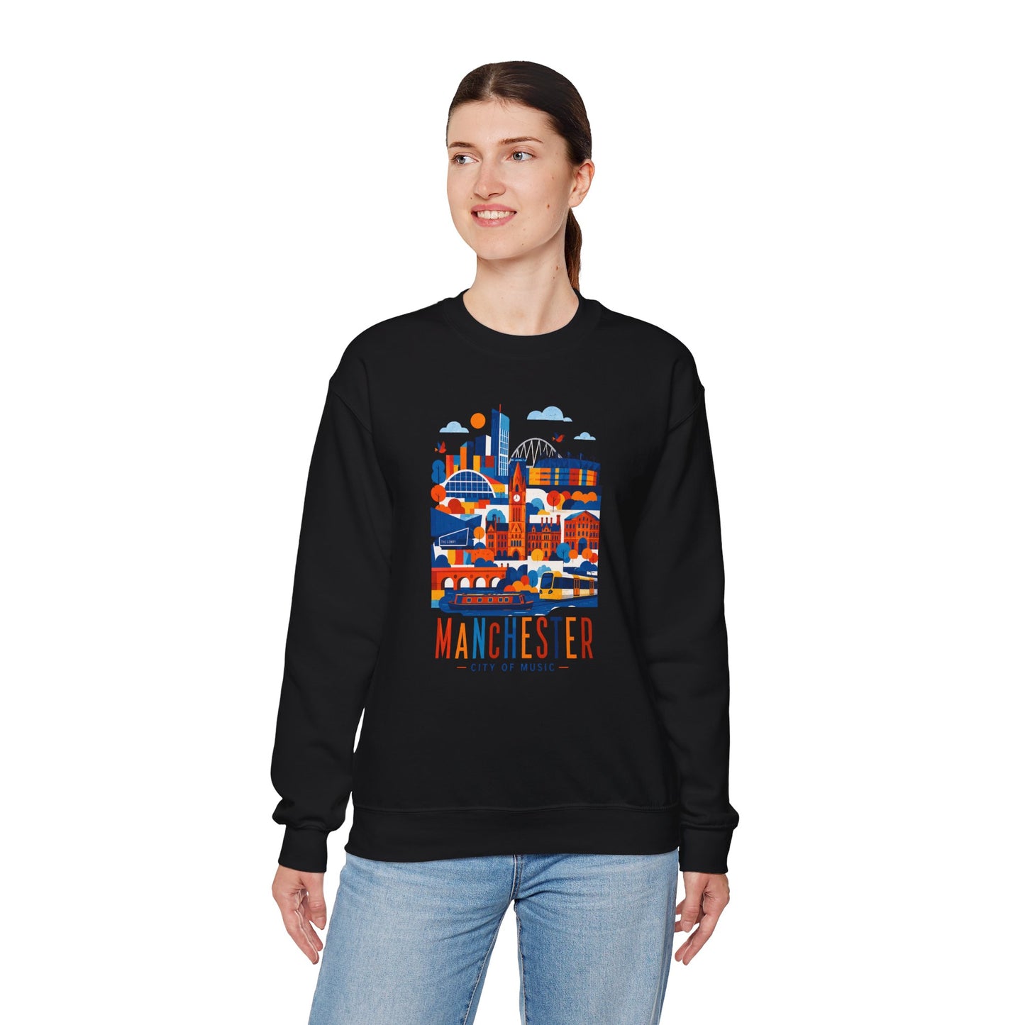 Manchester cityscape crewneck sweatshirt, black, front city graphic with Manchester lettering