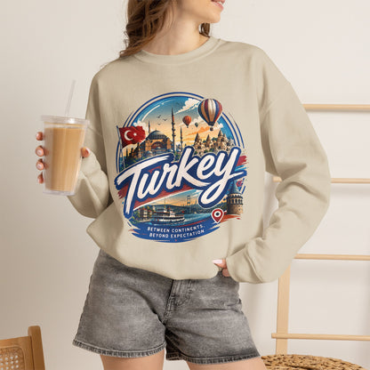 Light beige crewneck sweatshirt with large Turkey graphic on front, ribbed cuffs.