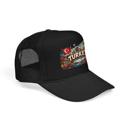 Black mesh trucker hat with embroidered Turkey graphic on the front panel