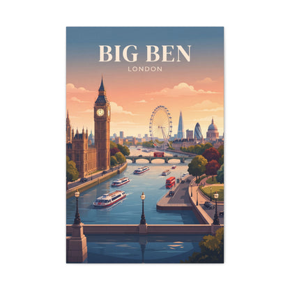 Matte canvas wall art showing Big Ben and London skyline with Ferris wheel at sunset