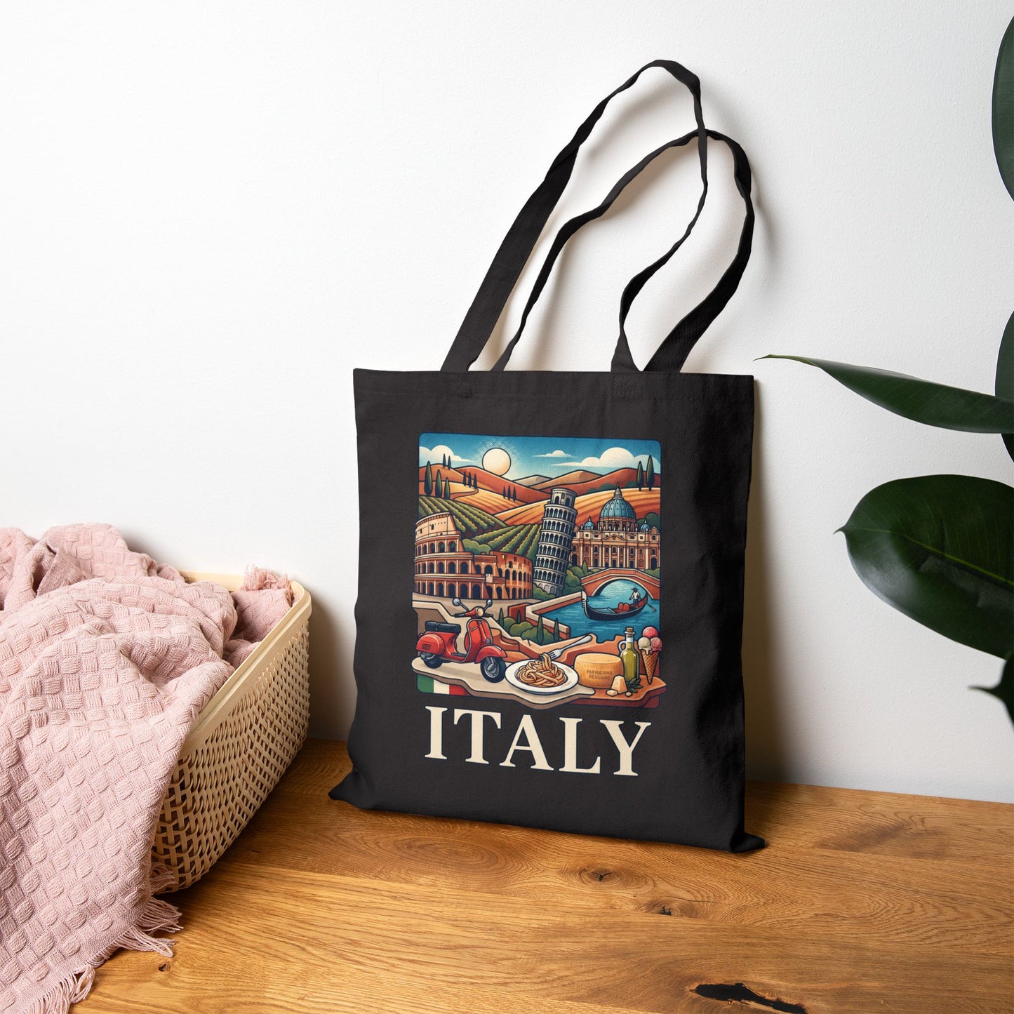 Black canvas tote bag with long handles and colorful Italy graphic
