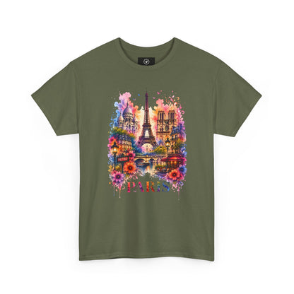Green T-shirt with colorful Eiffel Tower floral watercolor graphic and PARIS text