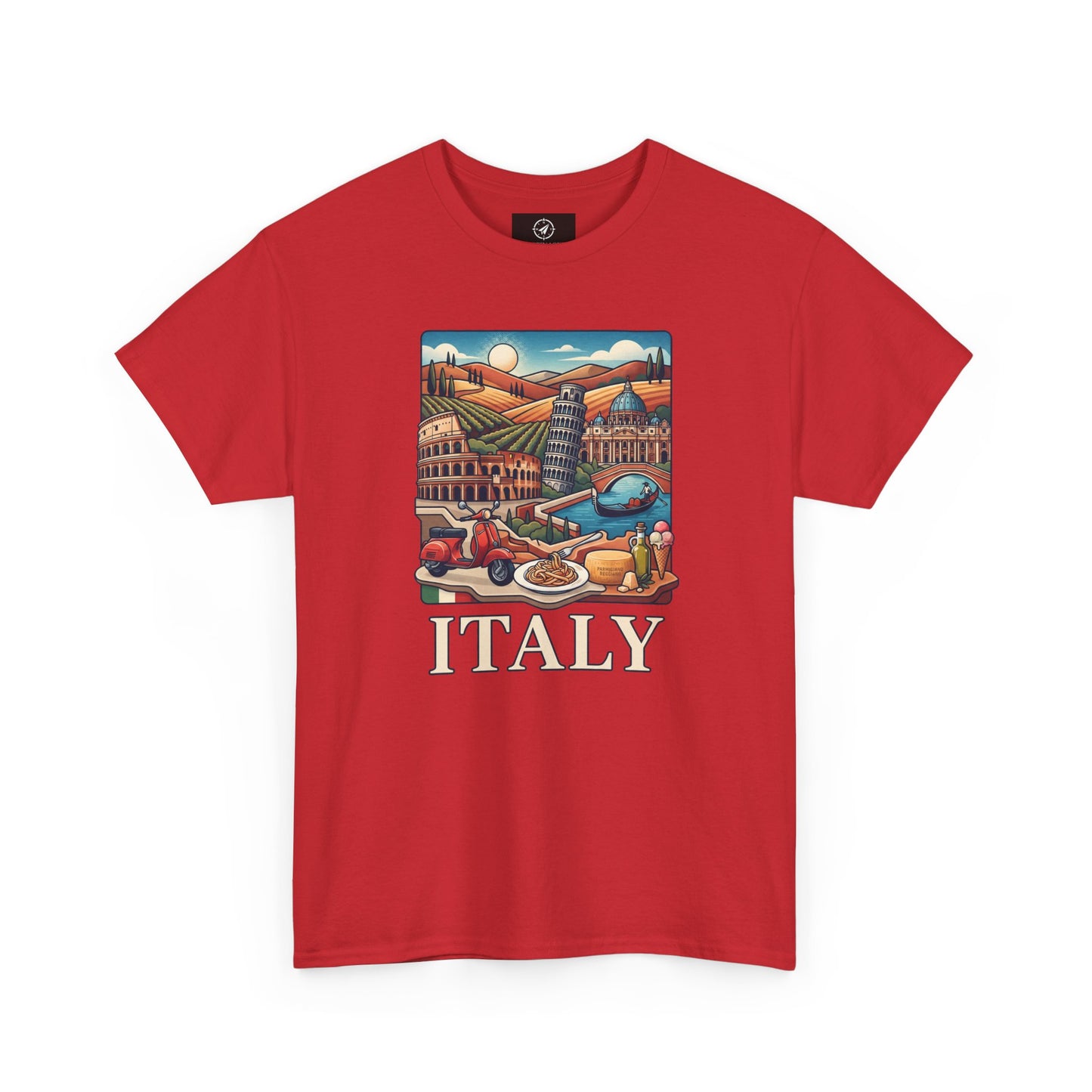 Red crew-neck t-shirt with colorful Italy graphic and “ITALY” text on chest