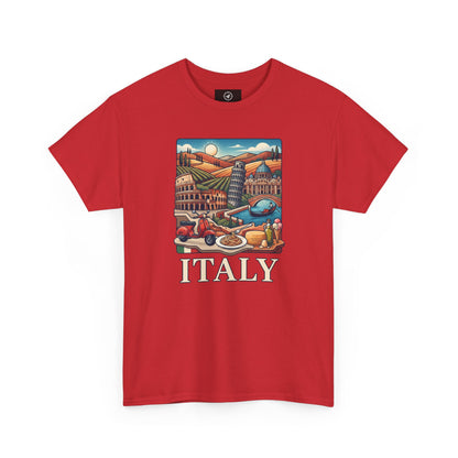 Red crew-neck t-shirt with colorful Italy graphic and “ITALY” text on chest