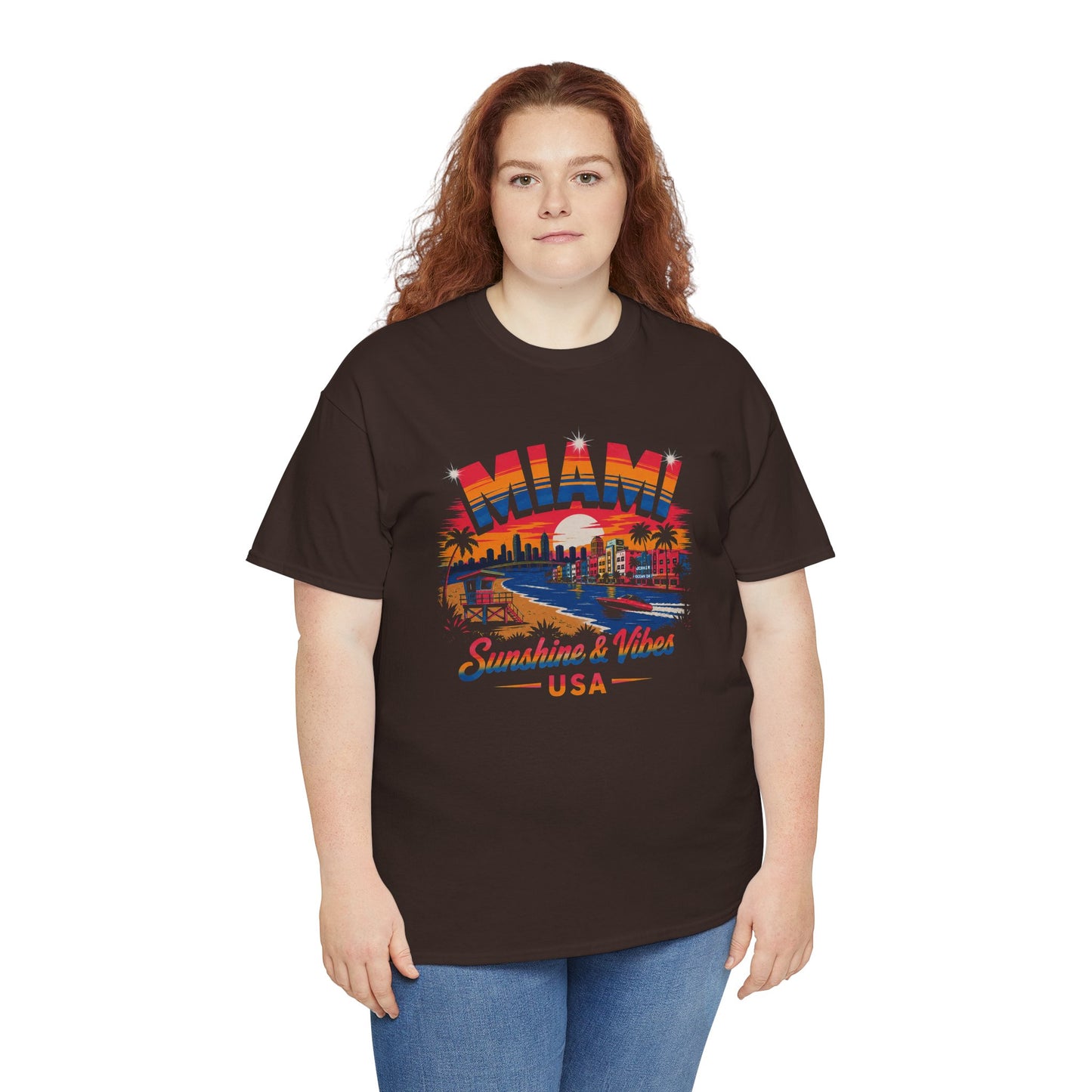 Dark brown T-shirt with colorful Miami skyline and "Sunshine & Vibes USA" print