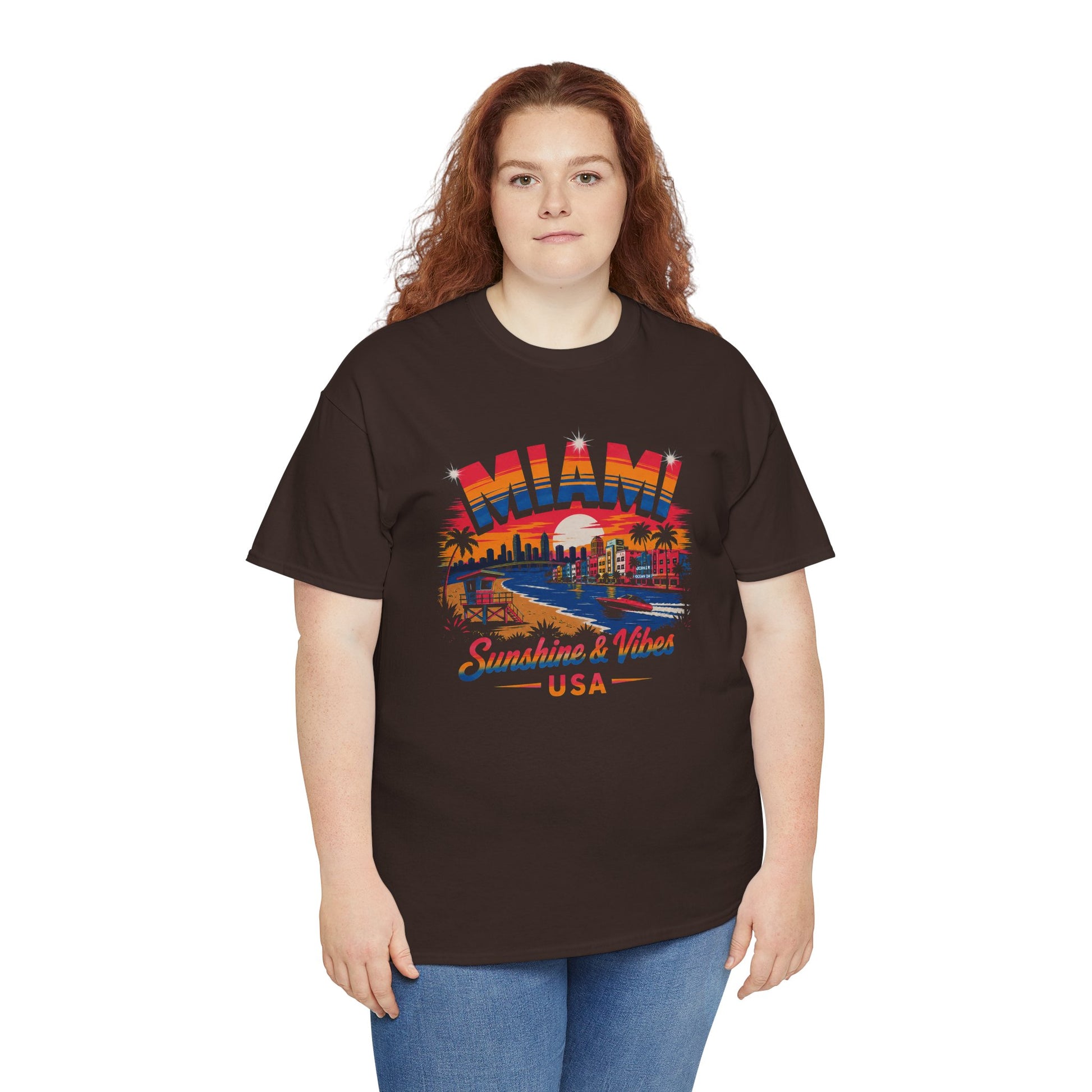 Dark brown T-shirt with colorful Miami skyline and "Sunshine & Vibes USA" print