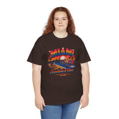 Dark brown T-shirt with colorful Miami skyline and "Sunshine & Vibes USA" print