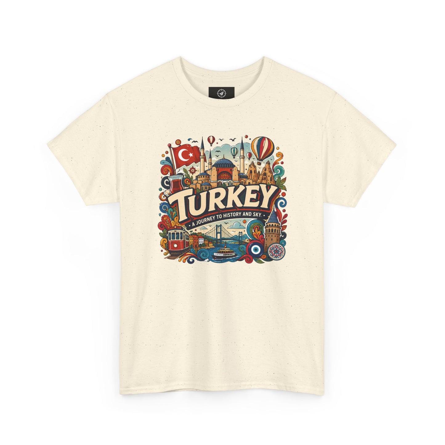 Natural/cream crewneck graphic tee with colorful “Turkey” Istanbul landmark print