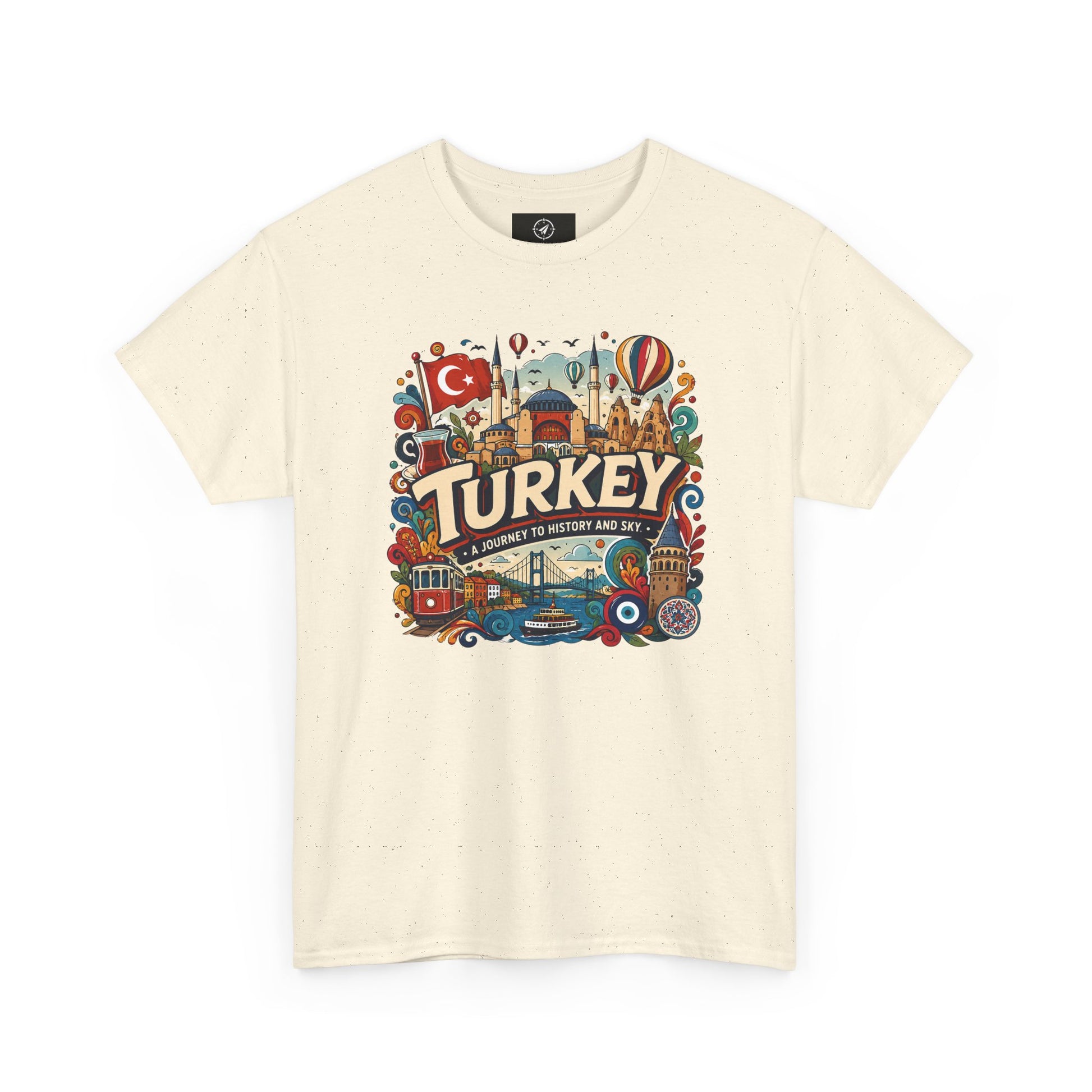 Natural/cream crewneck graphic tee with colorful “Turkey” Istanbul landmark print