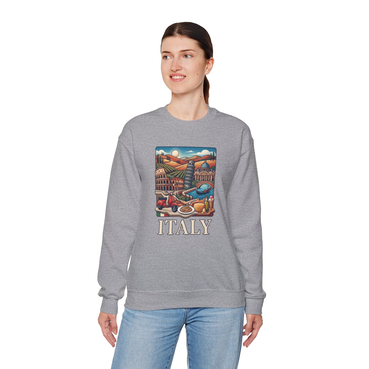 Italy travel sweatshirt, heather gray crewneck with colorful “ITALY” graphic on the front