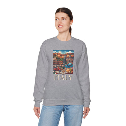 Italy travel sweatshirt, heather gray crewneck with colorful “ITALY” graphic on the front