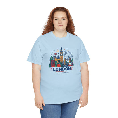 Light blue London skyline graphic T-shirt, crew neck, short sleeves.