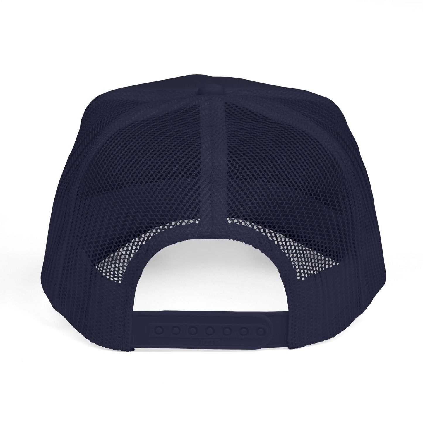 Navy mesh trucker hat with curved brim and adjustable snapback closure.
