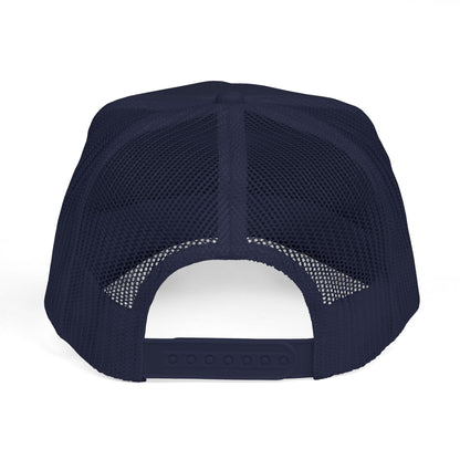 Navy mesh trucker hat with curved brim and adjustable snapback closure.