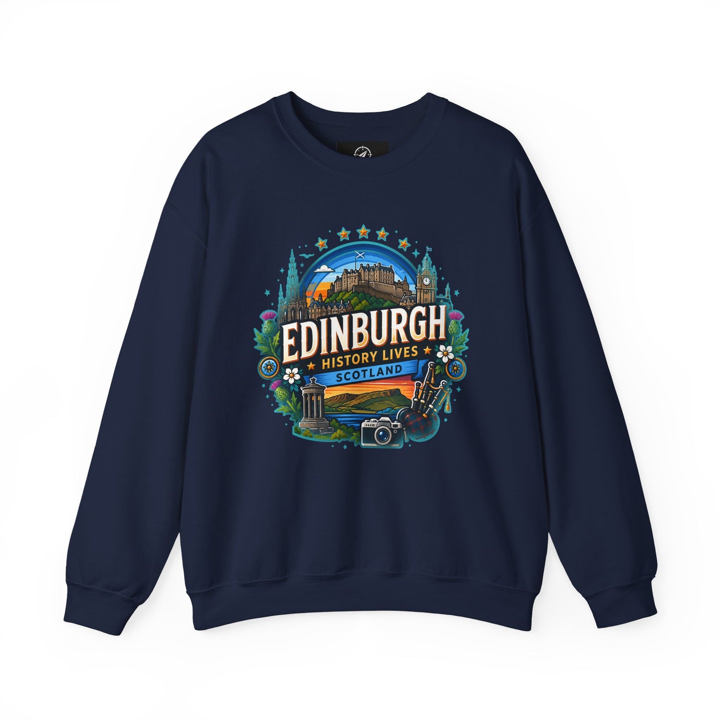 Navy crewneck sweatshirt with front “Edinburgh” graphic print