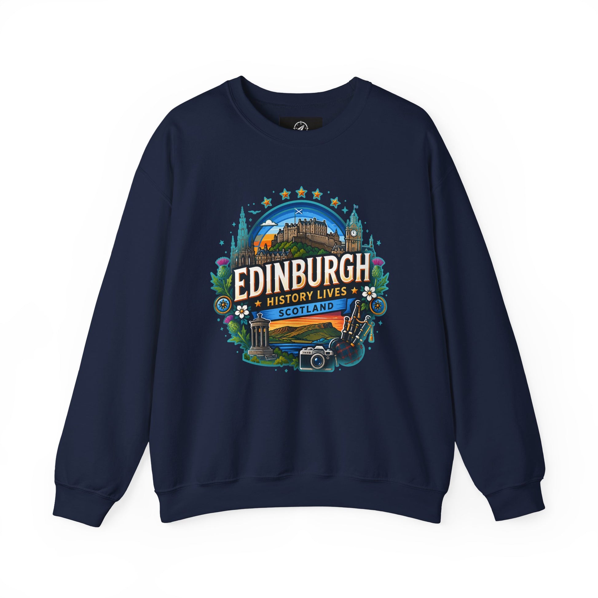 Navy crewneck sweatshirt with front “Edinburgh” graphic print