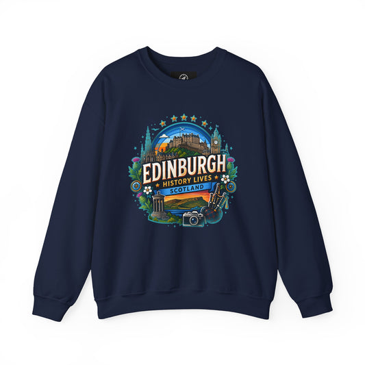 Navy crewneck sweatshirt with front “Edinburgh” graphic print
