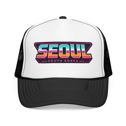 Black and white trucker hat with SEOUl South Korea logo patch on front panel