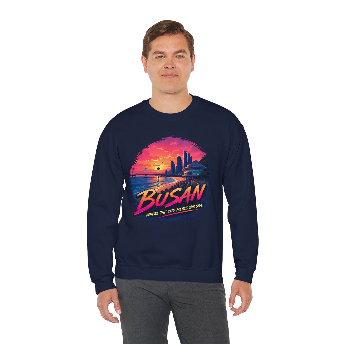 Navy crewneck sweatshirt with long sleeves and colorful front graphic print.