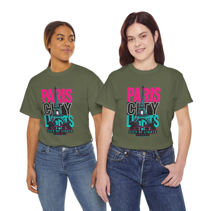 Crew-neck T-shirt, olive green with neon-style “Paris City of Lights” Eiffel Tower graphic