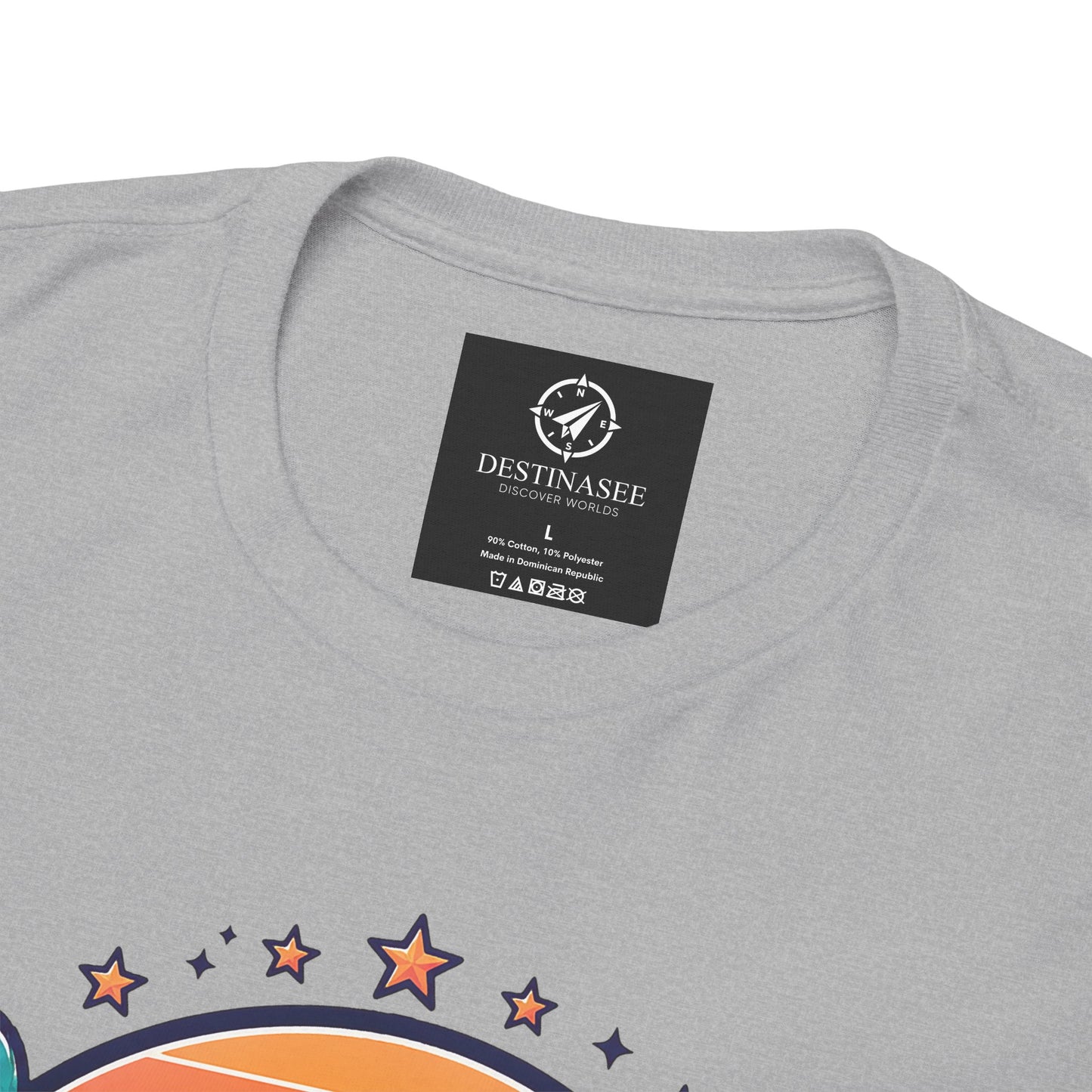 Heather grey T-shirt back neckline shows black brand tag and colorful star graphic