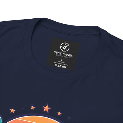 Dark navy T-shirt chest close-up with small black label and star accent