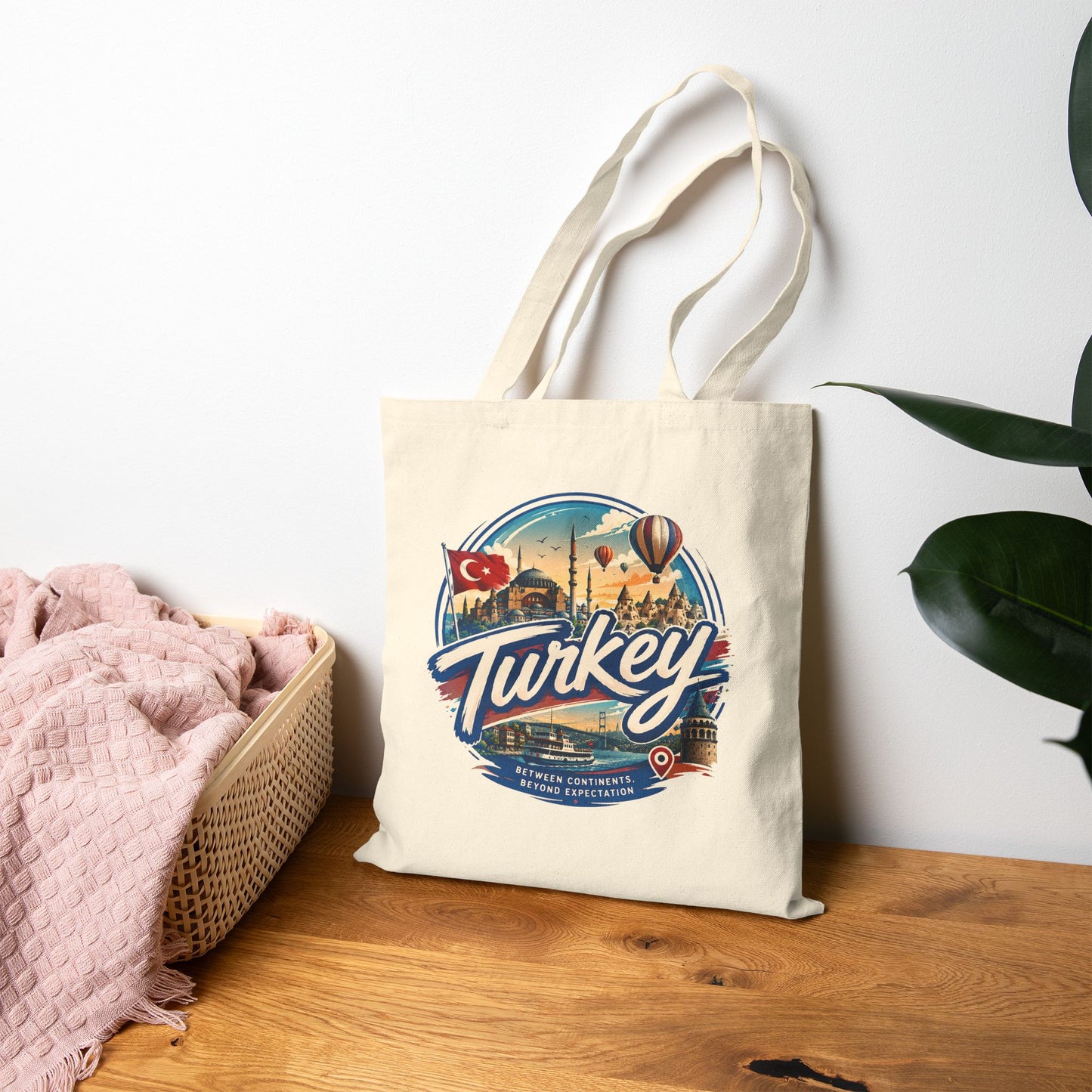 Natural canvas tote bag with Turkey logo front graphic and rope handles
