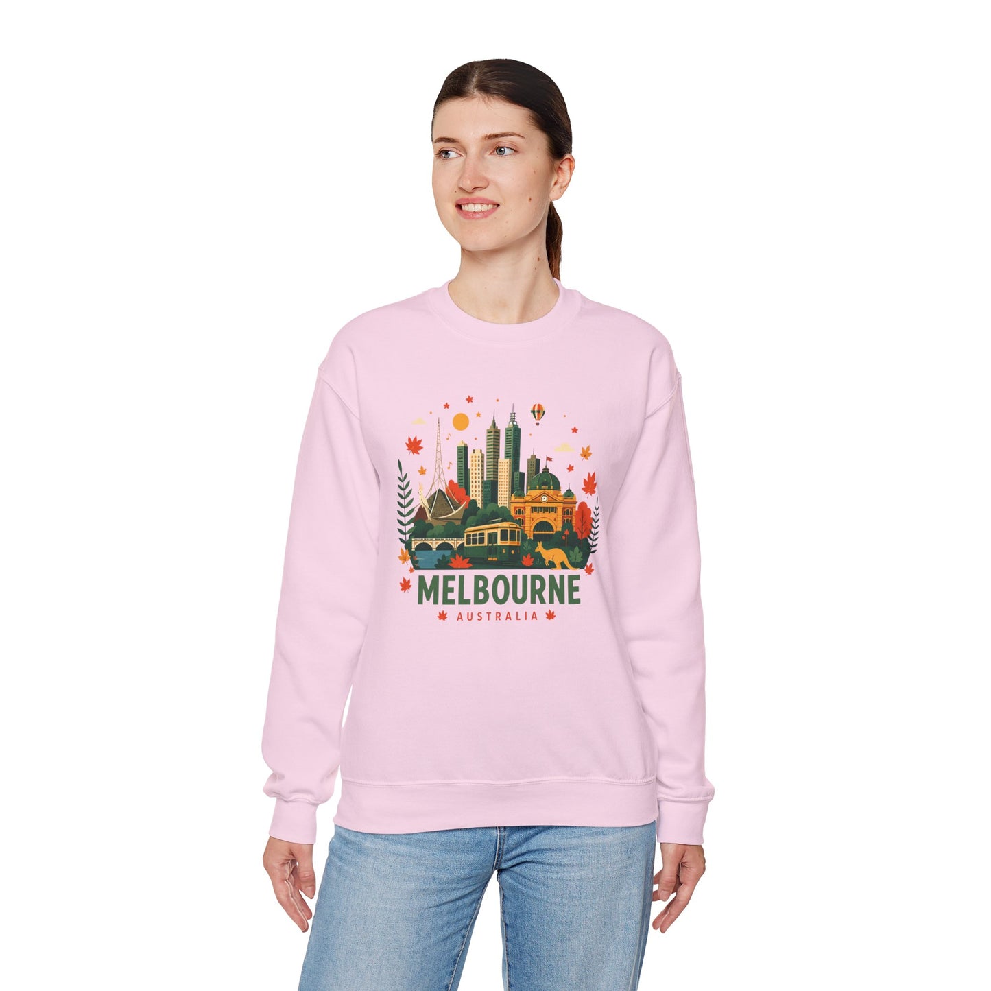 Light pink sweatshirt with Melbourne city graphic on front