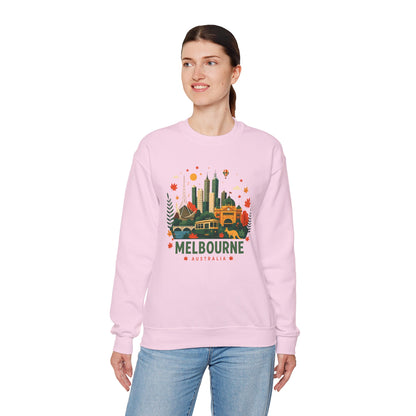 Light pink sweatshirt with Melbourne city graphic on front
