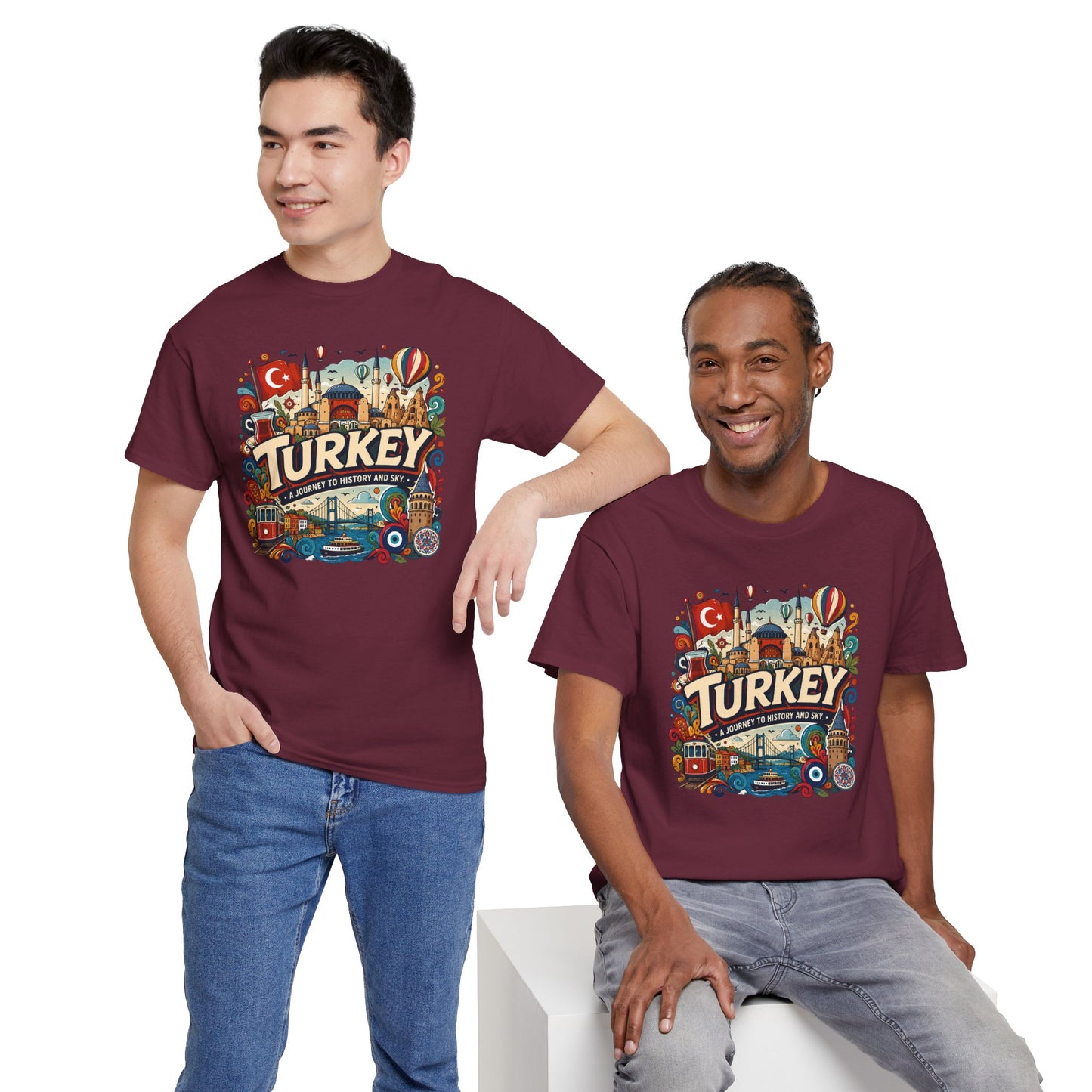Maroon graphic tee with colorful Turkey city scene print, worn by two men