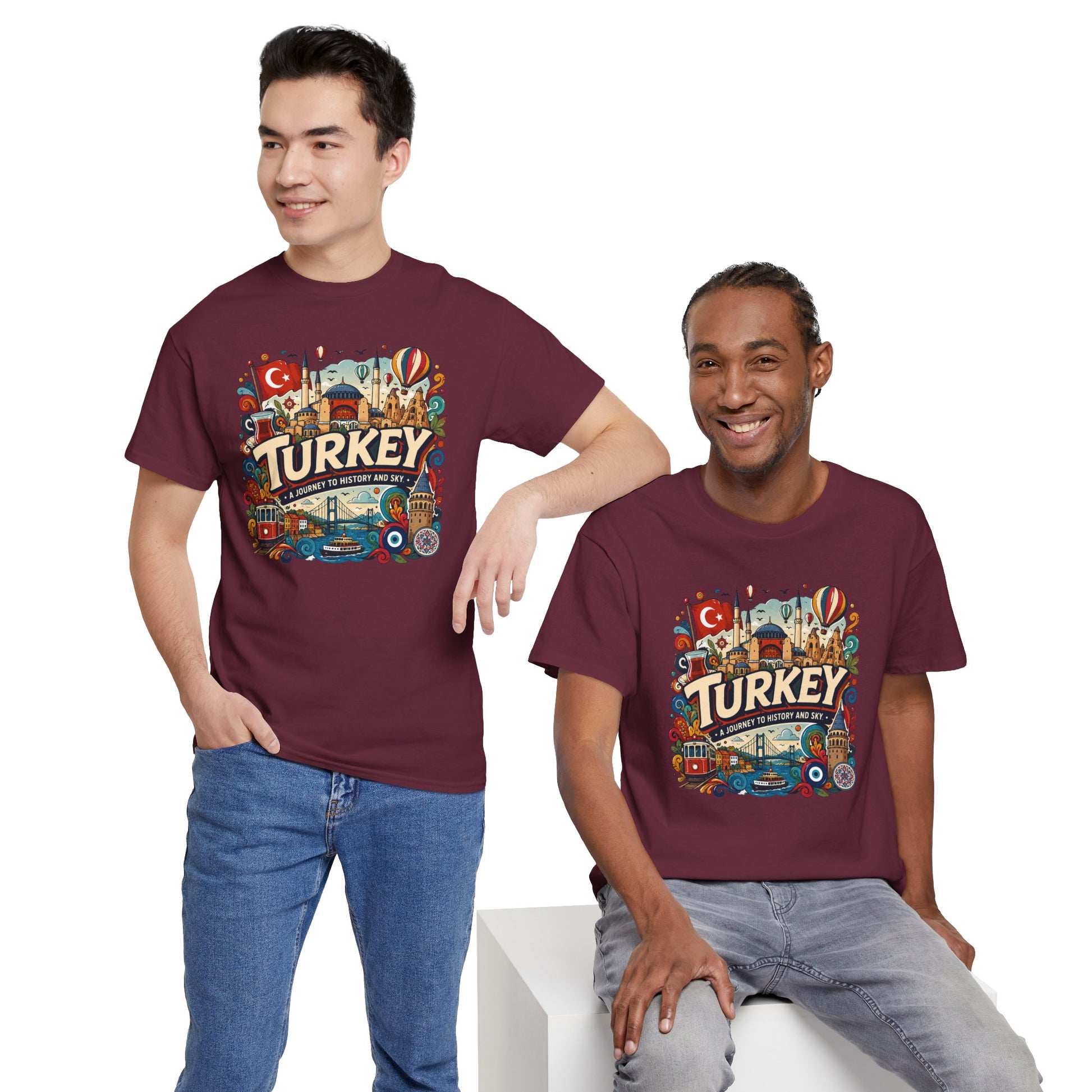 Maroon graphic tee with colorful Turkey city scene print, worn by two men