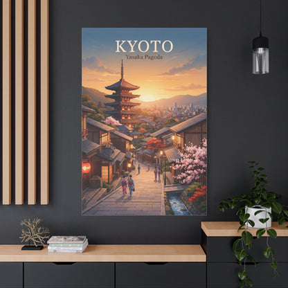 Matte canvas print on wall with Kyoto pagoda over a cherry-lined street at sunset