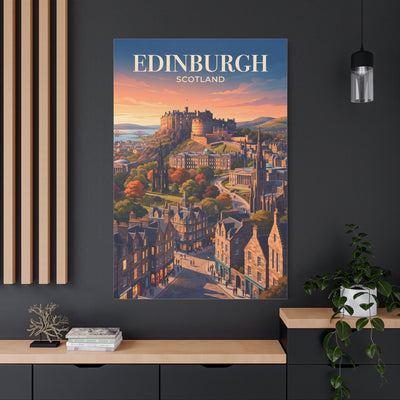 Vertical framed canvas wall art with blue border and Edinburgh Scotland skyline