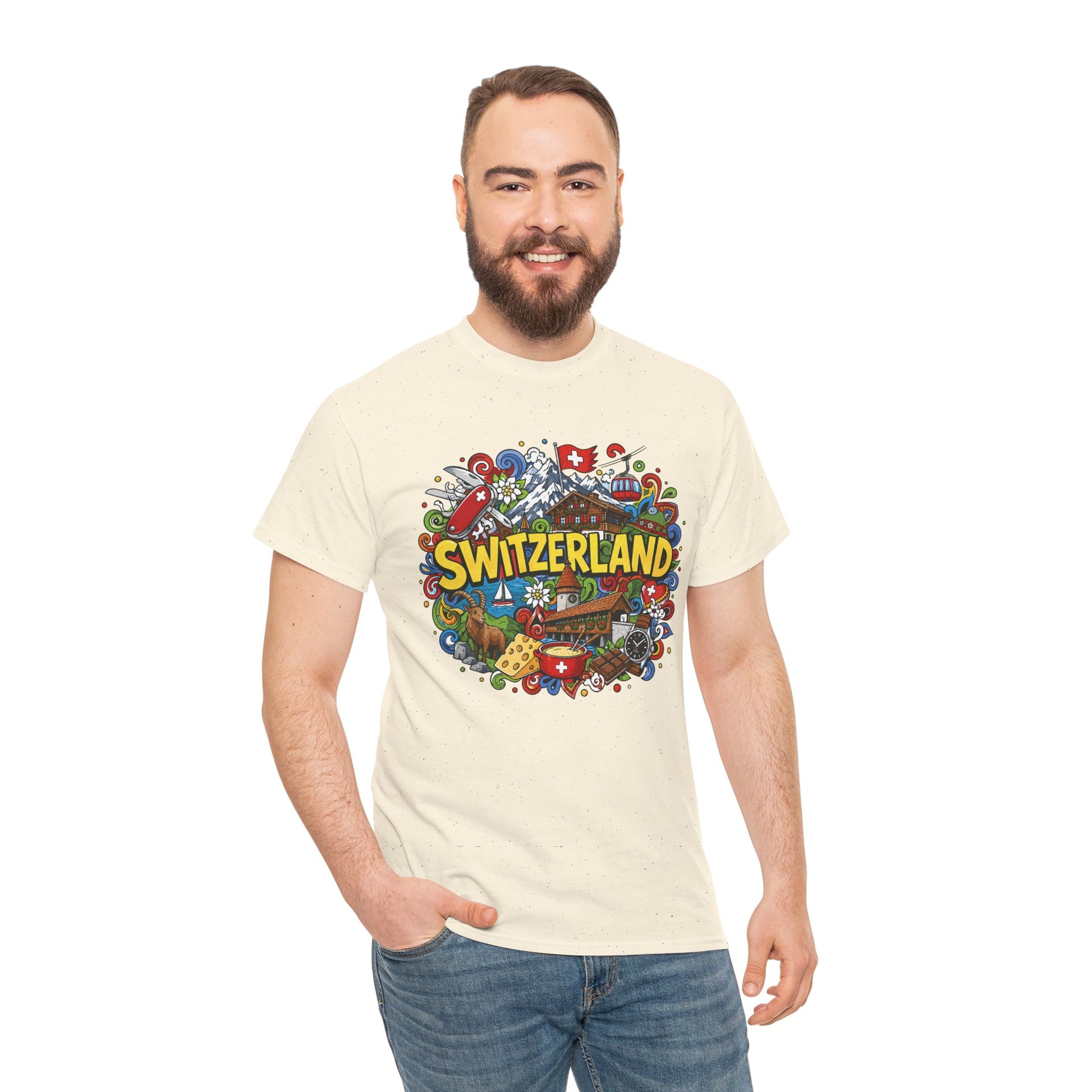 Switzerland-themed T-shirt in natural cream on-model front with colorful SWITZERLAND graphic