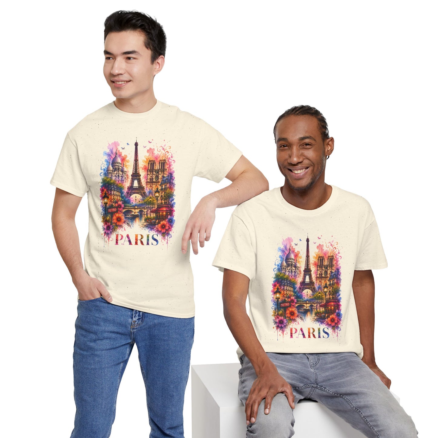 Cream graphic T-shirt with colorful floral Eiffel Tower illustration and “PARIS” text