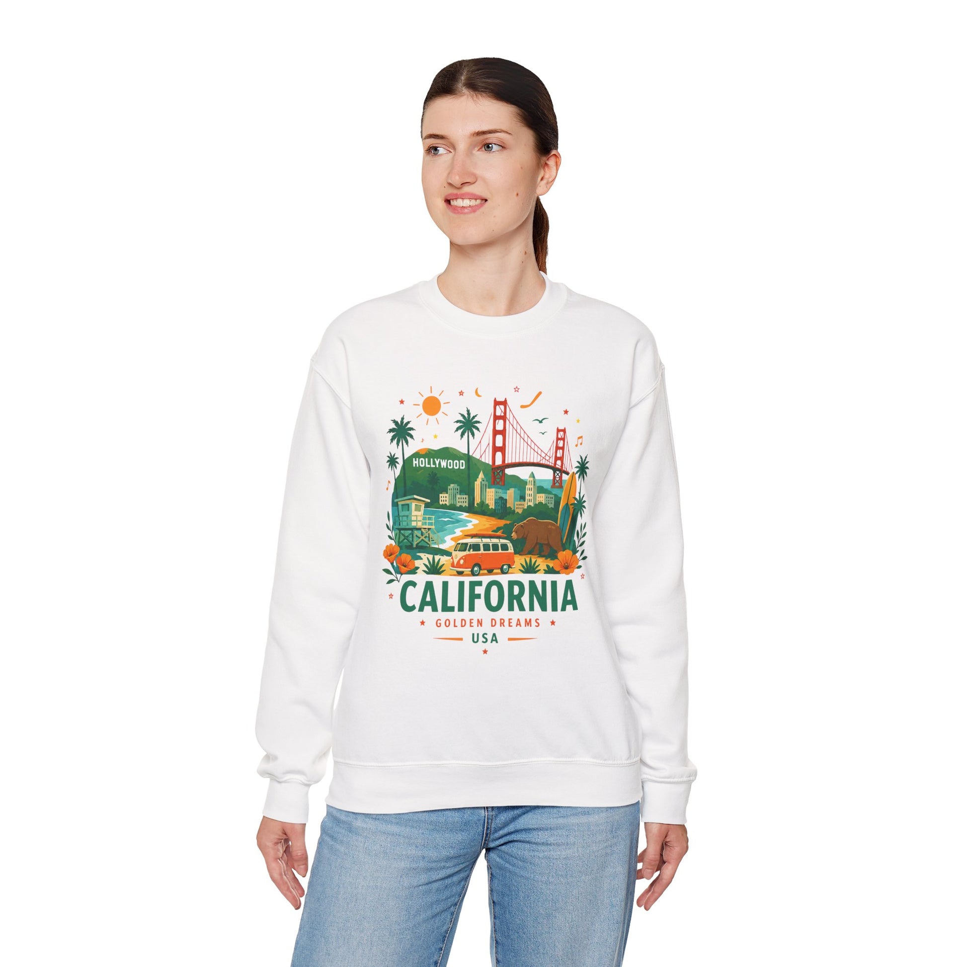 White crewneck sweatshirt with colorful California graphic on the front
