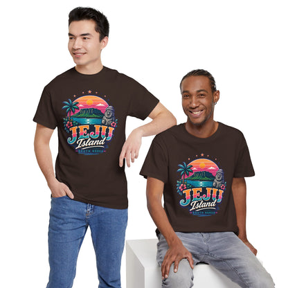 Black T-shirt featuring colorful “JEJU Island” sunset palm and skull graphic