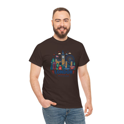 Dark brown London skyline T-shirt with colorful city graphic on the chest