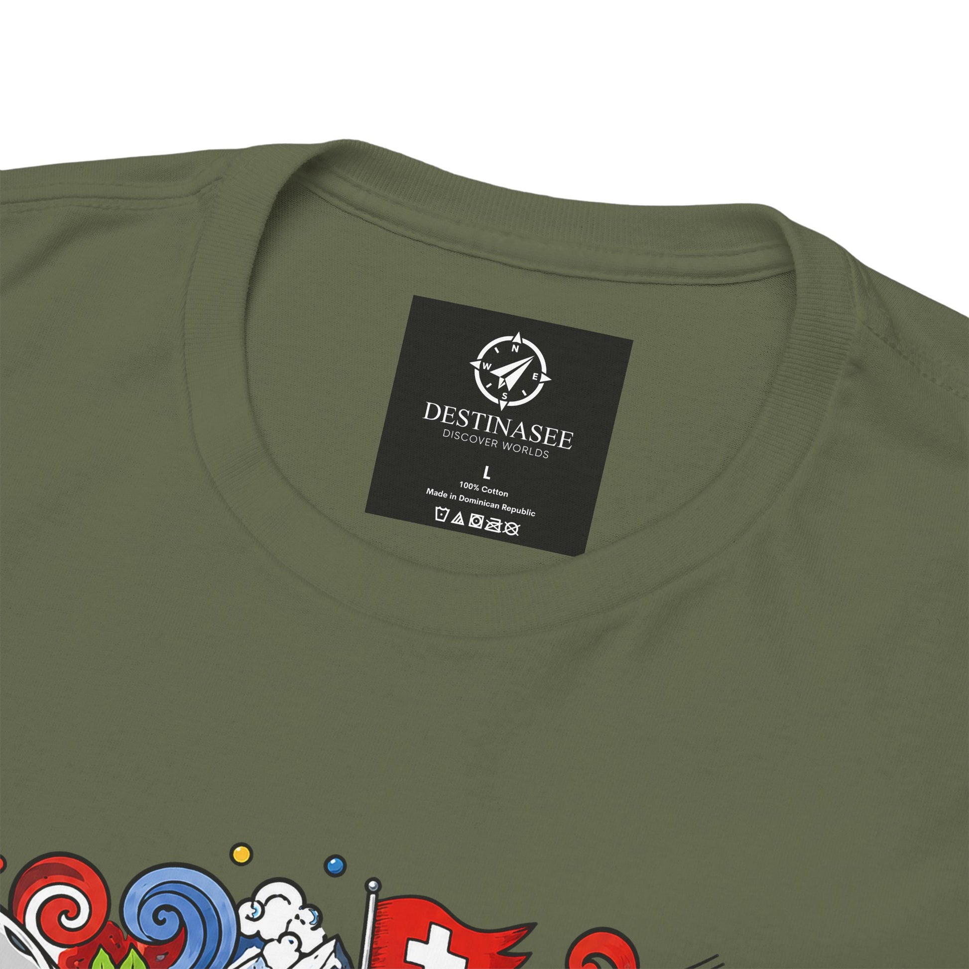 Forest green T-shirt with round neckline and small neck label; partial graphic print.