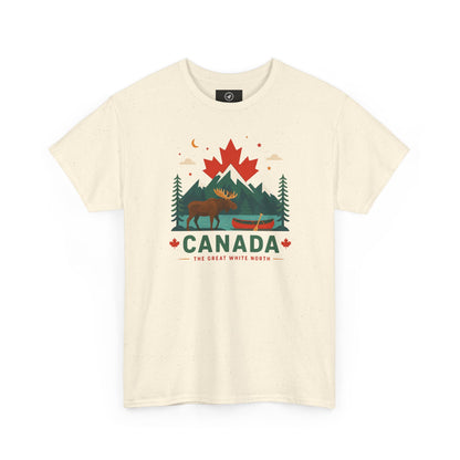 Natural crew-neck T-shirt with Canada mountain and wildlife graphic