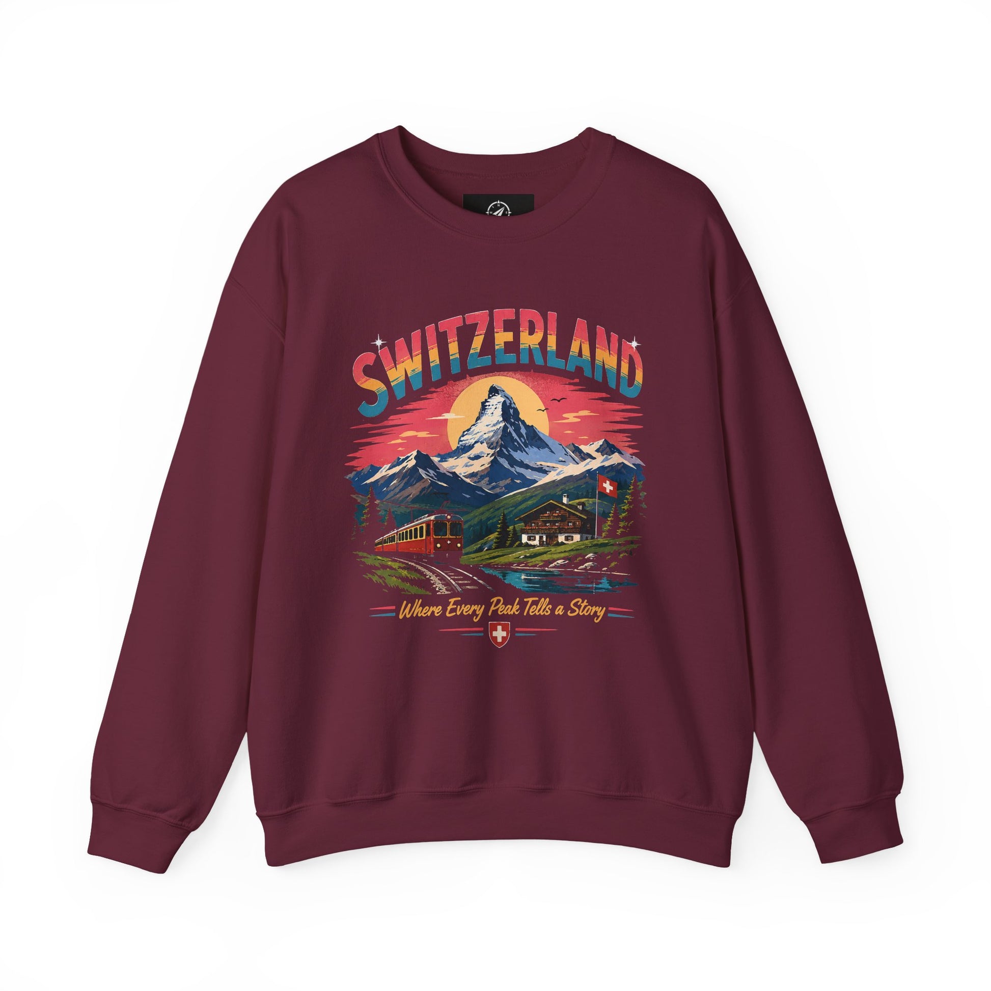 Maroon crewneck sweatshirt with Switzerland graphic print on front