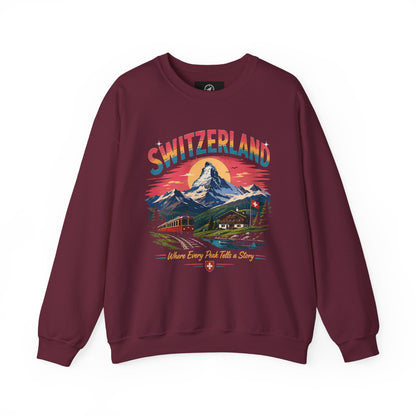 Maroon crewneck sweatshirt with Switzerland graphic print on front
