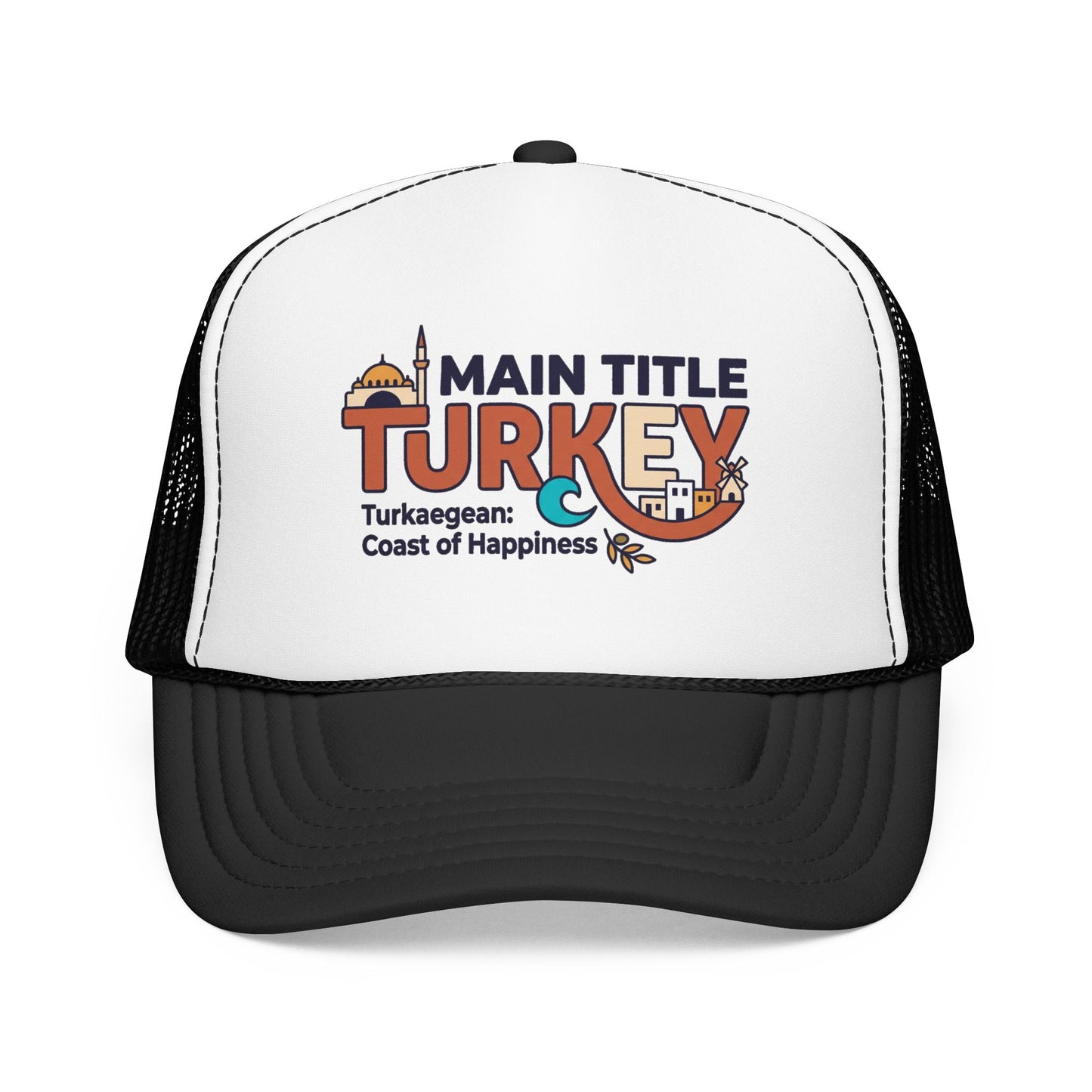 White foam trucker hat with dark brim and black mesh sides, front Turkey logo.