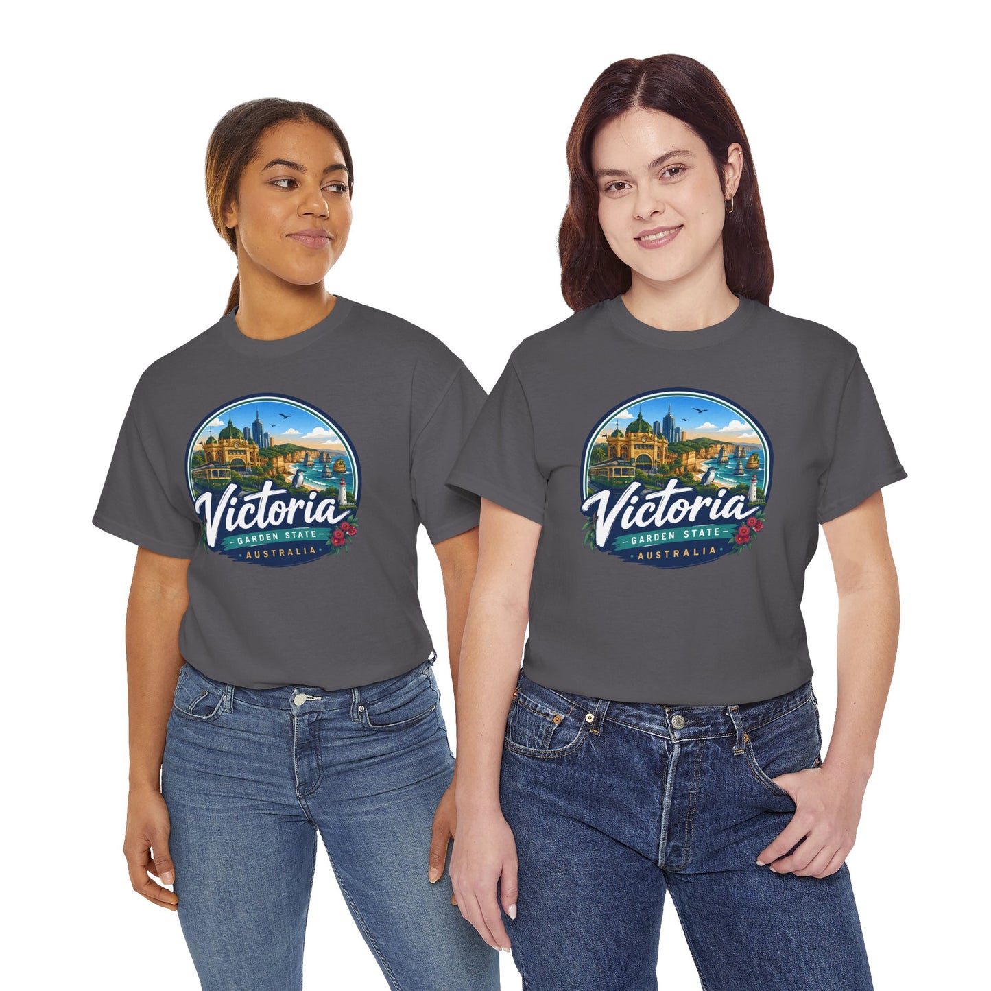 Charcoal gray crew-neck tee with circular city graphic and Victoria text on chest