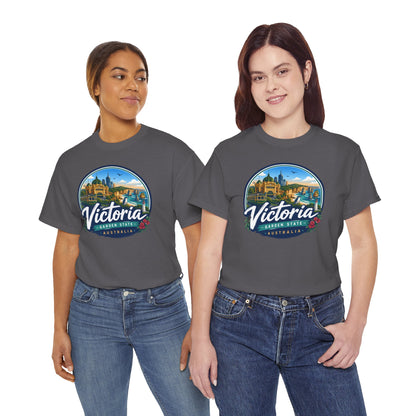 Charcoal gray crew-neck tee with circular city graphic and Victoria text on chest