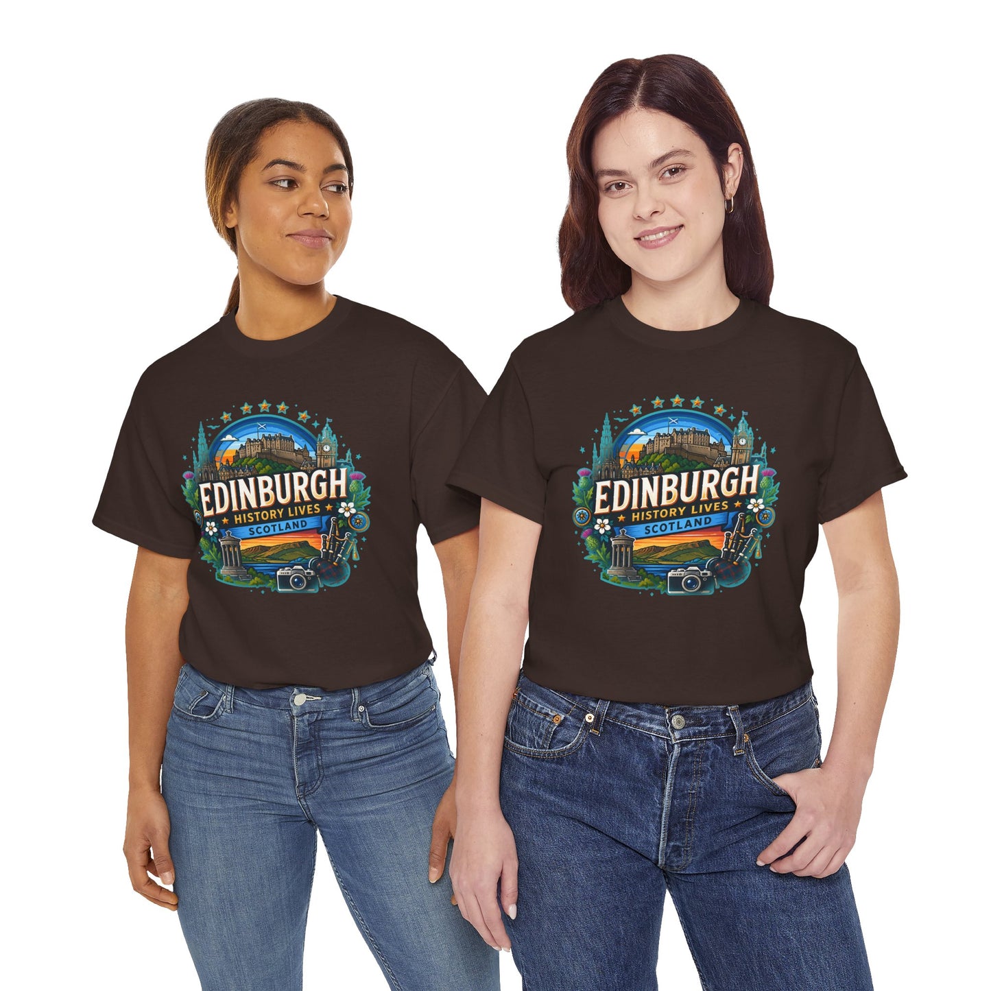 Dark brown travel T-shirt on two women, crew neck, short sleeves, front Edinburgh graphic