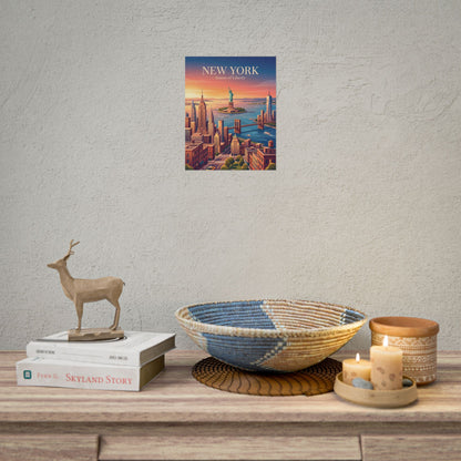 Small poster on wall showing New York skyline with Statue of Liberty at sunset