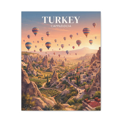 Matte canvas wall art of hot air balloons over Cappadocia landscape, 'TURKEY' heading.